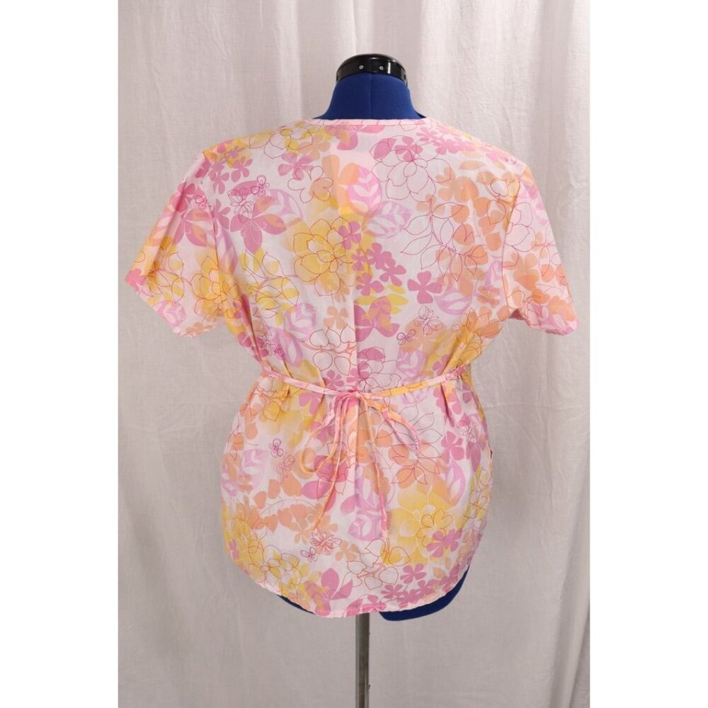 Landau Women's XL Medical Uniform Scrub Top Pink Orange Floral Tie Back VTG - Picture 4 of 12